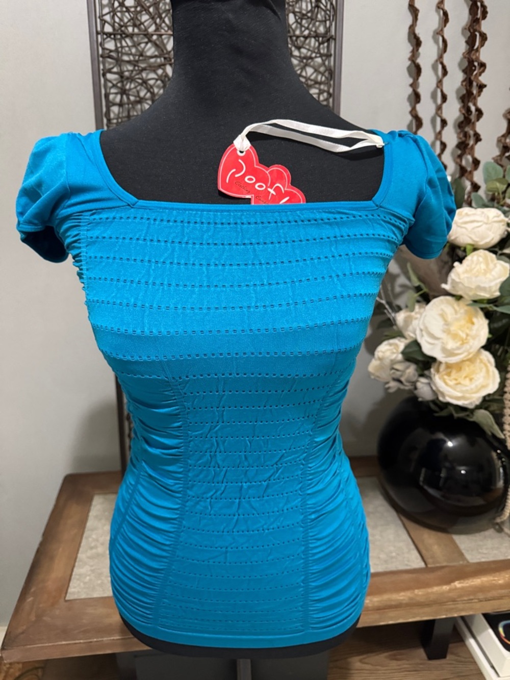 Teal Ruched Puff Sleeve Top Square Neck Fitted Stretch Blouse By Poof! S/M - Picture 3 of 6